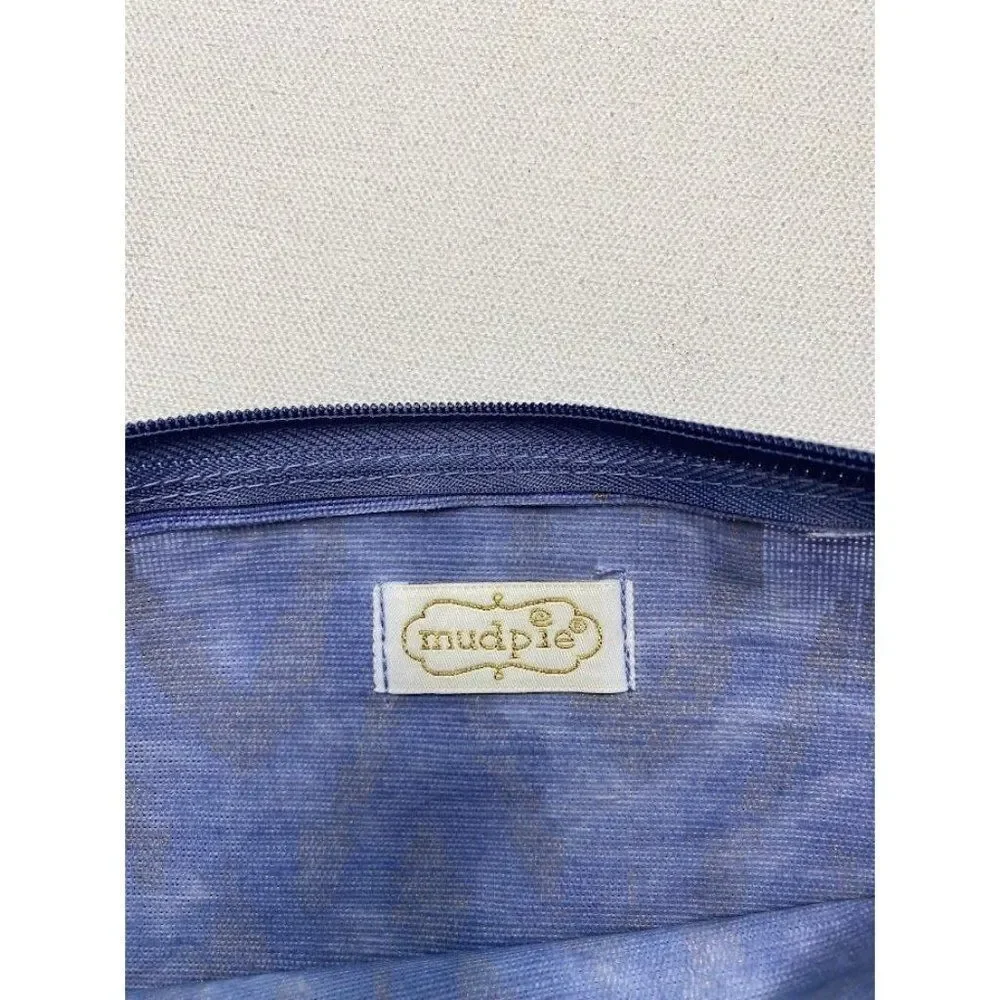 Mudpie Blue Gold Travel Pouch‎  MakeUp Bag with Pom Pom